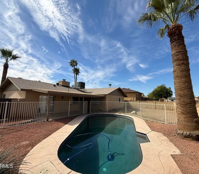 Private backyard featuring a Pebble Tec pool framed by mature palm trees and block wall fencing. The tranquil outdoor setting enhances the home s relaxing backyard atmosphere.