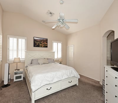 Primary bedroom with vaulted ceilings, ceiling fan, and plantation shutters. This Phoenix home offers a bright and airy space with neutral tones and plush carpet.