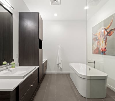 Beautiful primary bath with soaking tub, dual sinks, and sleek finishes, creating a spa-like environment in this updated Phoenix home.