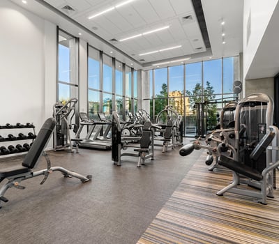 Open-concept fitness center with natural light, high ceilings, and updated equipment for an energizing workout environment in Phoenix.