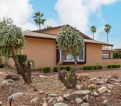 Unique desert garden with mature cacti and rock accents. This Sun City home offers beautiful curb appeal with water-efficient landscaping.