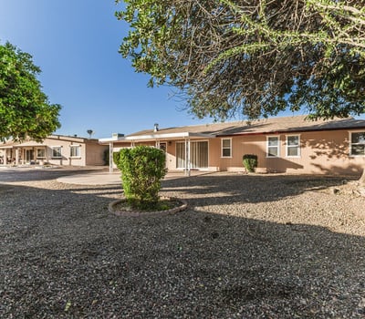 Backyard featuring mature trees offering shade and privacy. This Sun City home includes spacious outdoor areas perfect for relaxation.