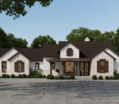 Spacious single-story home featuring unique architecture and a welcoming front porch amidst lush landscaping.
