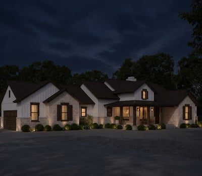 Modern home featuring unique architectural details, expansive outdoor space, and inviting nighttime ambiance in a quiet neighborhood.
