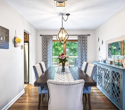 Bright dining room with garden views.