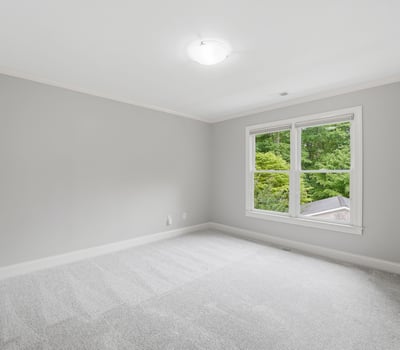 Bright, airy bedroom featuring fresh carpet, ample natural light, and a view of the lush outdoors.