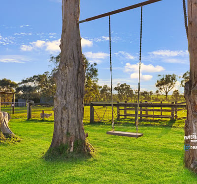 Expansive property featuring a relaxing swing, surrounded by lush greenery and open countryside views.