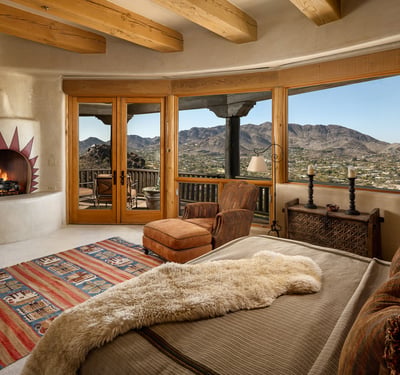 A sunburst-adorned fireplace and panoramic views create the perfect ambiance in this luxurious primary bedroom. With balcony access and cozy seating, it s an ideal spot to unwind while gazing at the desert skyline.