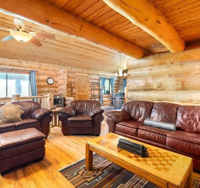 Comfortable living space framed by log walls and natural wood finishes, creating a warm and inviting lodge-inspired atmosphere.