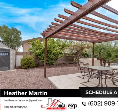 Featuring a pergola dining area and storage shed, this backyard balances style and practicality. The pool, paver walkways, and desert landscaping enhance the Glendale home s appeal.