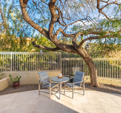 Peaceful Scottsdale garden area with patio seating, mature trees, and desert landscaping for a private outdoor retreat.