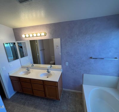 Spacious bathroom showcasing dual sinks, abundant cabinetry, and a large soaking tub. The open layout and natural light create an inviting atmosphere for daily routines.