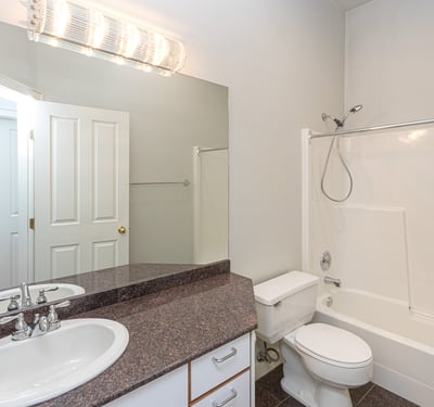 Well-appointed bathroom featuring dual sinks, modern fixtures, and a convenient tub-shower combination.
