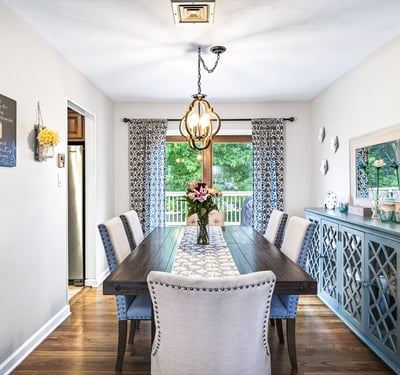 Bright dining room with garden views.