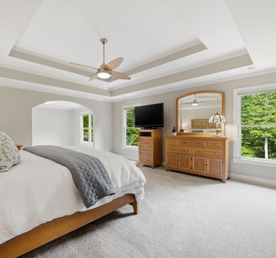 Spacious master bedroom featuring natural light, a cozy atmosphere, and modern amenities for ultimate relaxation.