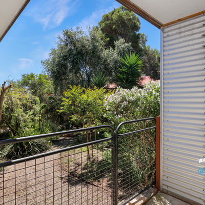 Enjoy a peaceful outdoor space with lush greenery and natural light in this inviting property.