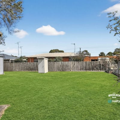 Spacious backyard with ample green space and a functional shed, ideal for outdoor activities and storage.