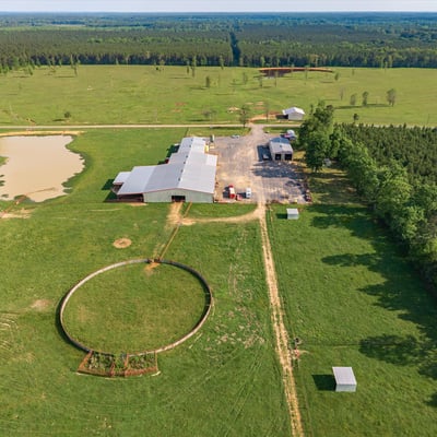 Sprawling rural property featuring vast pastures, a pond, and multiple outbuildings, ideal for farming or recreation.