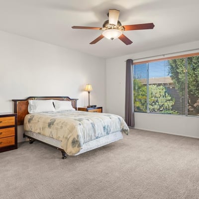 Spacious primary bedroom with neutral d cor and scenic backyard views. Soft carpeting and ceiling fan comfort make this an ideal retreat.