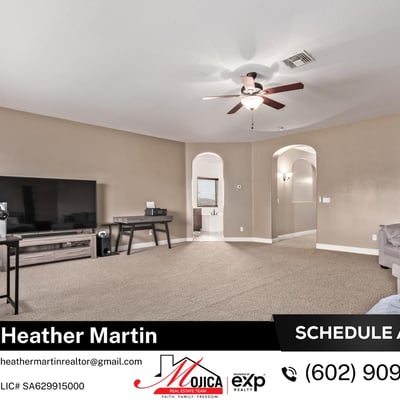 This large primary bedroom provides ample room for seating or workspace while maintaining privacy. A standout feature of this Glendale home with granite kitchen, pool, and energy-efficient design.