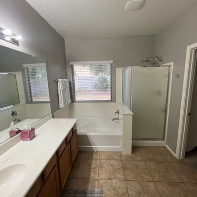 Spacious primary bath featuring a soaking tub, separate shower, dual-sink vanity, and direct access to the walk-in closet, creating a comfortable owner's retreat.