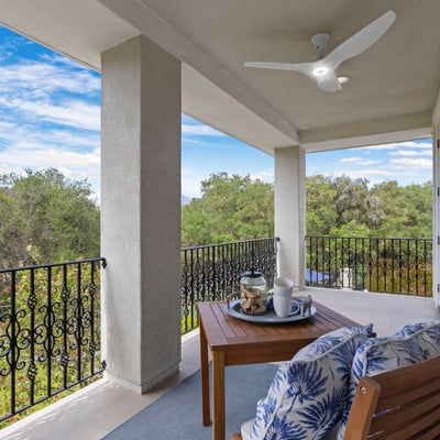 Primary Bedroom Private and Spacious balcony with scenic views, perfect for outdoor relaxation and enjoying nature's beauty.