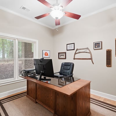 Bright home office featuring a spacious desk, ample natural light, and a tasteful decor theme.