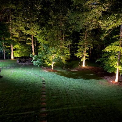 Discover a beautifully illuminated backyard featuring lush greenery and scenic pathways, perfect for evening gatherings.