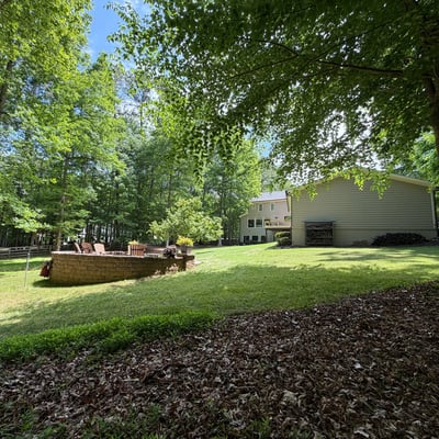 Spacious backyard surrounded by trees, perfect for outdoor gatherings and relaxation in a peaceful setting.
