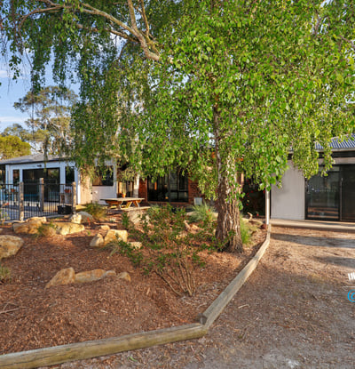 Contemporary home surrounded by lush landscaping, featuring spacious outdoor areas and modern design elements.
