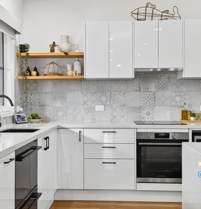 Modern kitchen featuring sleek cabinetry, advanced appliances, and eye-catching tile backsplash for a contemporary culinary experience.