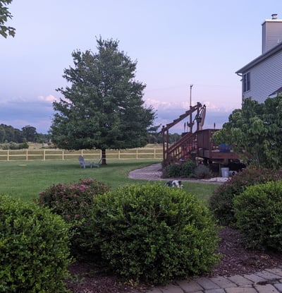 A serene summer evening to walk in the yard or relax on the deck.