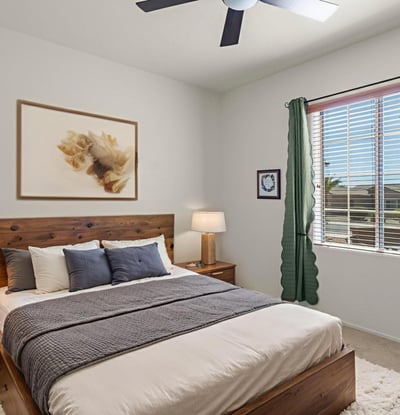 A cozy and bright guest bedroom offering plush carpeting, ceiling fan, and restful ambiance for visitors or everyday living.