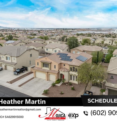 Aerial neighborhood view shows well-kept homes and desert landscaping throughout Glendale. The property stands out with solar panels and a private backyard pool.