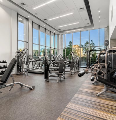 Open-concept fitness center with natural light, high ceilings, and updated equipment for an energizing workout environment in Phoenix.