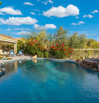 Scottsdale pool featuring a rock waterfall, lush plants, and desert landscaping, creating a peaceful outdoor setting.