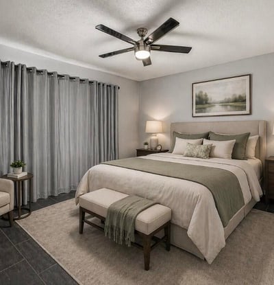 Staged bedroom showcasing layout versatility and modern design. This Sun City home emphasizes updated interiors and comfortable living.
