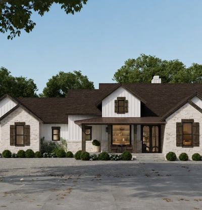 Spacious single-story home featuring unique architecture and a welcoming front porch amidst lush landscaping.