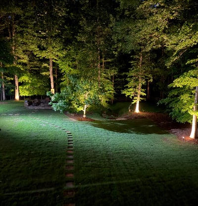 Discover a beautifully illuminated backyard featuring lush greenery and scenic pathways, perfect for evening gatherings.