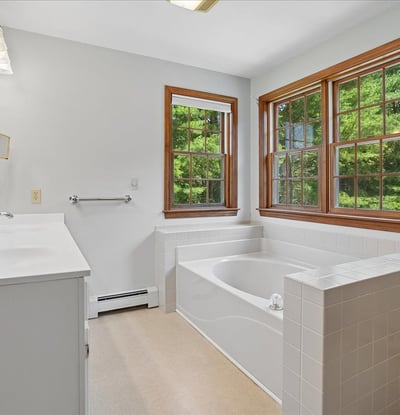 Spacious bathroom featuring natural light, a large tub, and picturesque views through multiple windows.