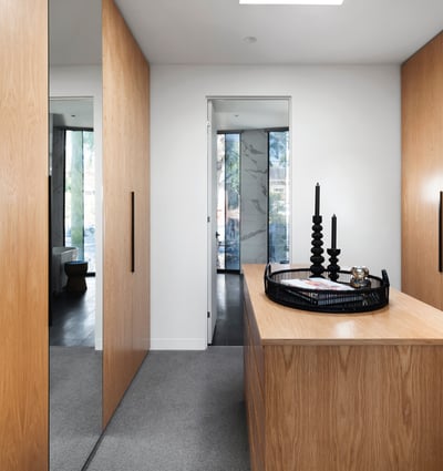 Modern entryway featuring elegant wood cabinetry, contemporary decor, and ample natural light for a welcoming atmosphere.