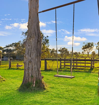 Expansive property featuring a relaxing swing, surrounded by lush greenery and open countryside views.