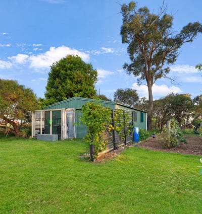 This property features a spacious backyard with greenery and a versatile outbuilding, perfect for various uses.