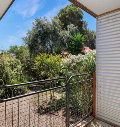 Enjoy a peaceful outdoor space with lush greenery and natural light in this inviting property.