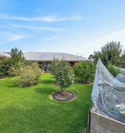 This property features a spacious backyard with flourishing fruit trees and a versatile garden area.