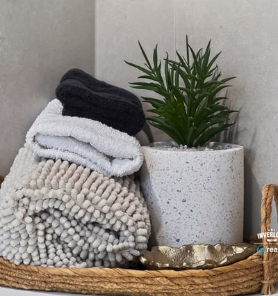 This inviting bathroom features neatly arranged towels and a contemporary plant in a chic basket.