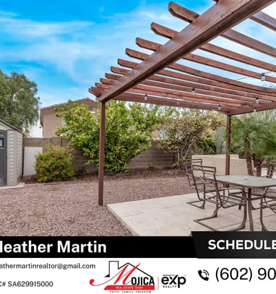 Featuring a pergola dining area and storage shed, this backyard balances style and practicality. The pool, paver walkways, and desert landscaping enhance the Glendale home s appeal.