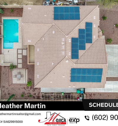Aerial perspective showcases the wide driveway, RV gate, and tile roof with solar panels. Located in Glendale, this home offers strong curb appeal and modern efficiency.