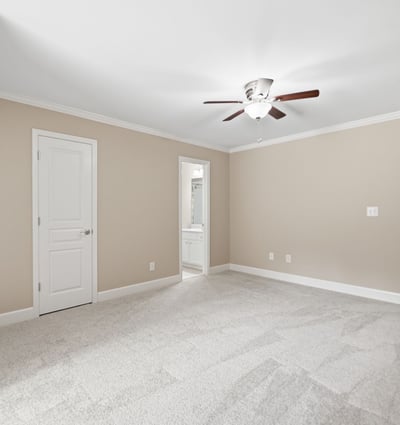 Spacious bedroom featuring soft carpeting, a ceiling fan, and access to a private bath.