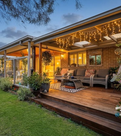 Discover a relaxing outdoor space, ideal for entertaining, with ambient lighting and lush garden views.